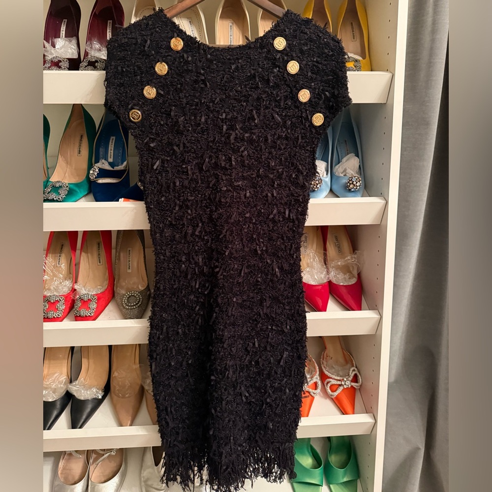 Balmain Black Textured Mini Dress with Gold Buttons